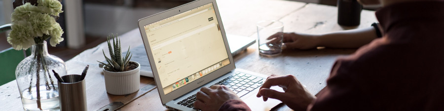 Homme travaillant devant un ordinateur sur un bureau décoré